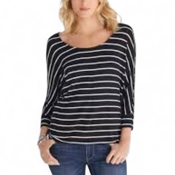 White House Black Market Black Striped Stretchy Knit Tunic Scoop Neck Small‎ - Picture 1 of 8